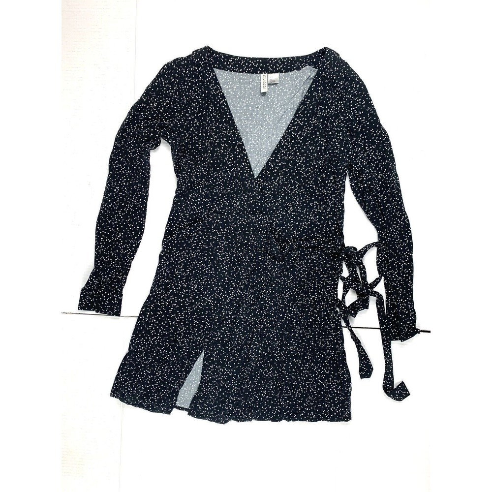H&M Divided Size 2 Wrap Dress V-neck Long Sleeves Black White Hearts Print - Picture 5 of 12